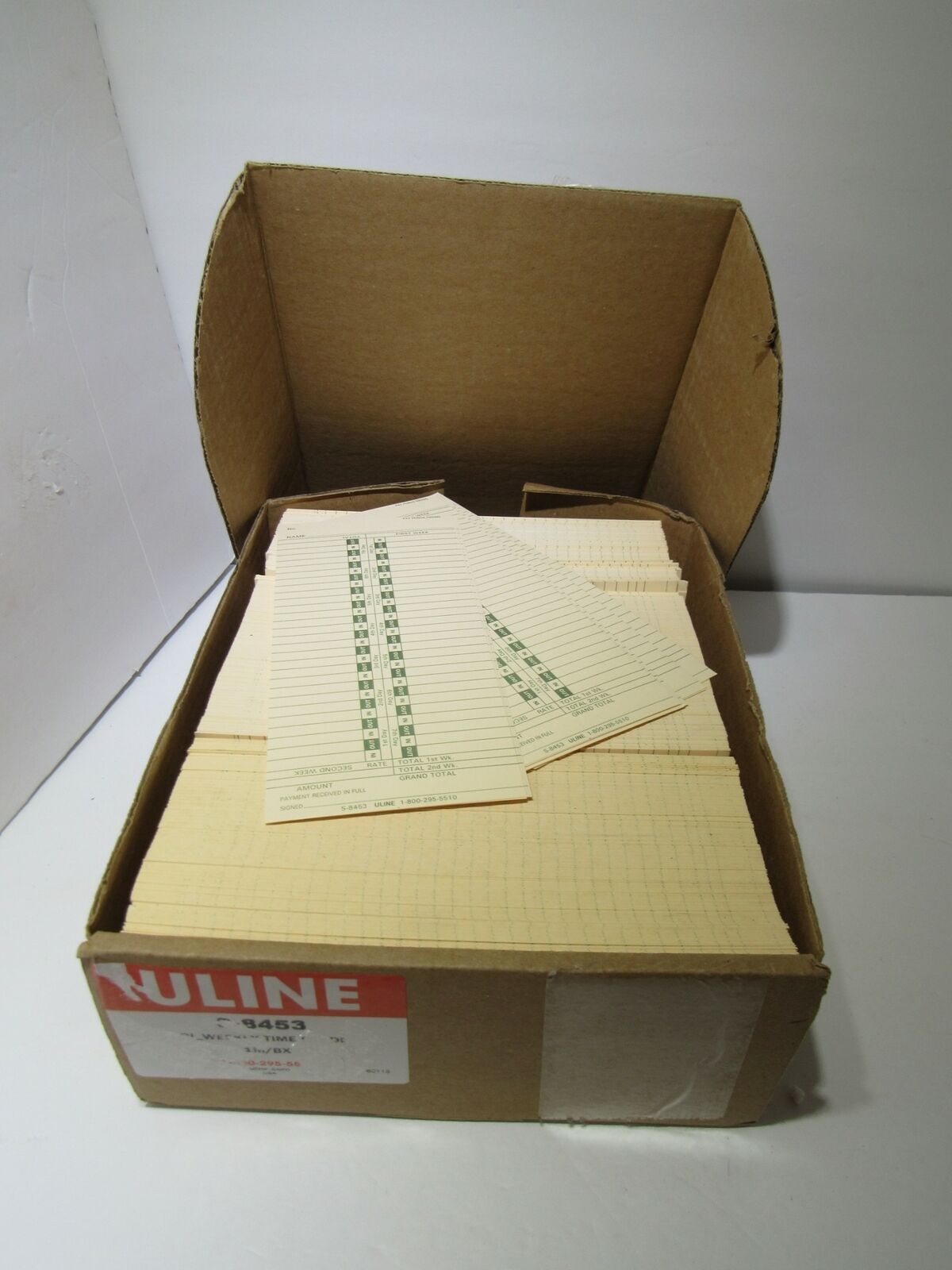 ULINE Bi-Weekly Time Cards in Original Box, containing 1000 pieces, model S-8453, ideal for manual, automatic, and digital time clocks.