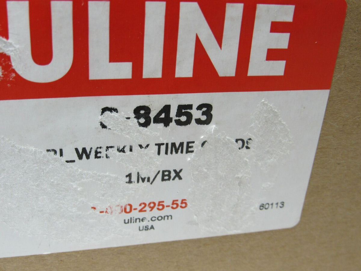 ULINE Bi-Weekly Time Cards 1000 Pcs S-8453 NEW, close-up of the product box label showing S-8453 and details about the time cards.