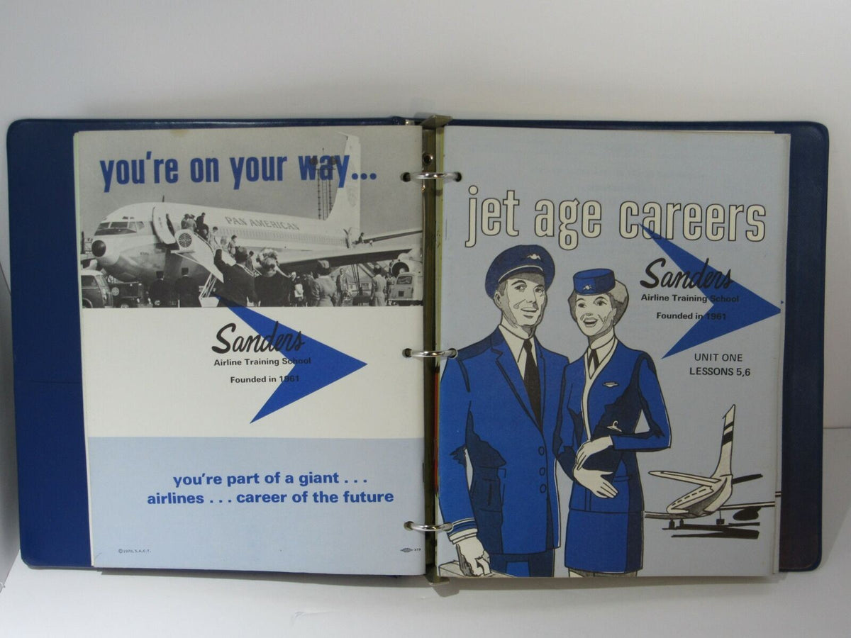 Vintage Sanders Airlines Training School Binder showcasing Jet Age careers, featuring a colorful cover and photographs of airline personnel, capturing the essence of 1960s aviation training.
