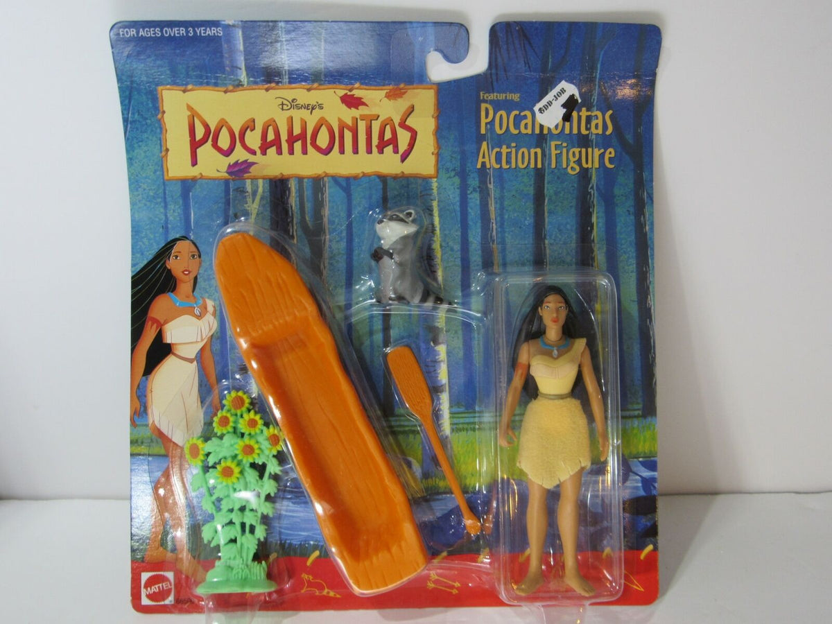 VTG 90s Mattel Disney Pocahontas Action Figure with Meeko the Raccoon featuring Pocahontas in her iconic outfit, accessories, and vibrant packaging.