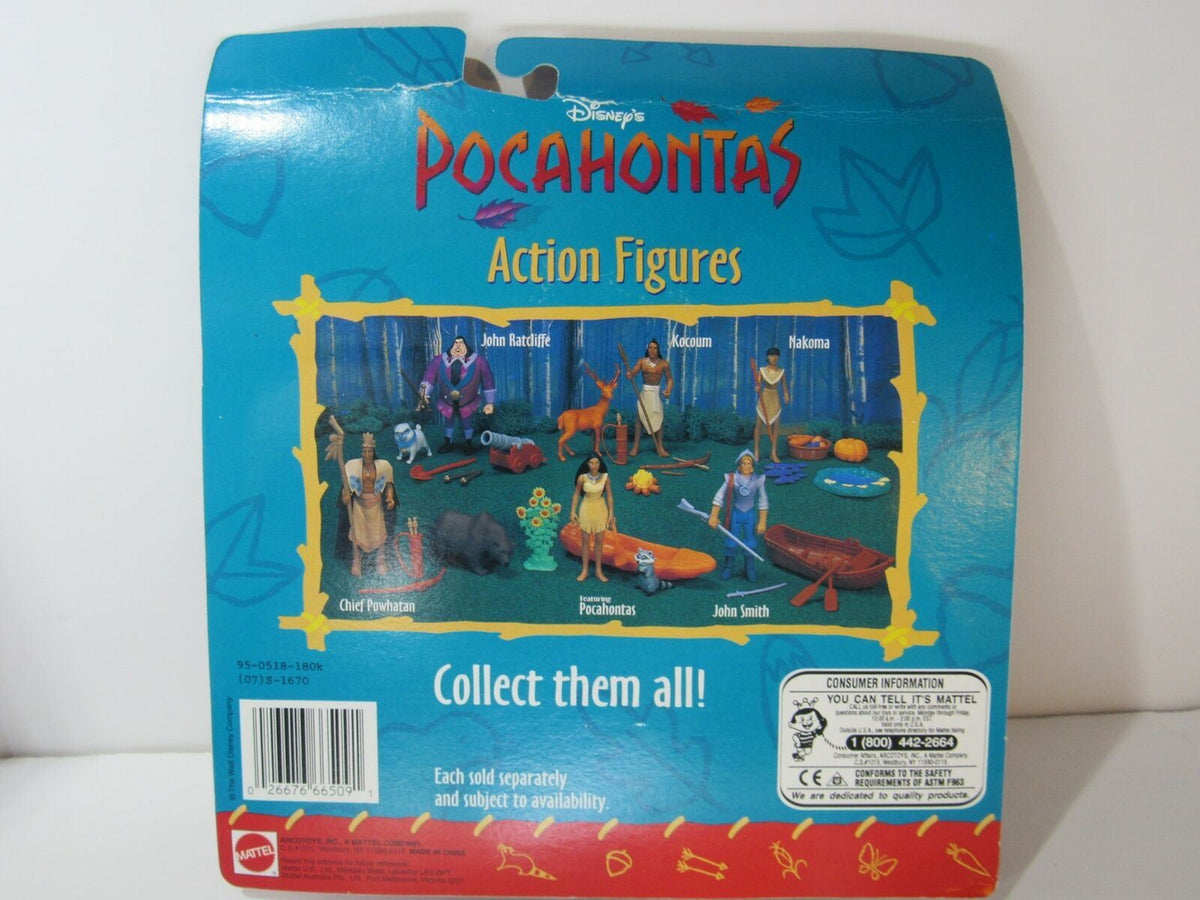 Back view of VTG 90s Mattel Disney Pocahontas Action Figure packaging showing other available action figures and collectibles from the Pocahontas line.