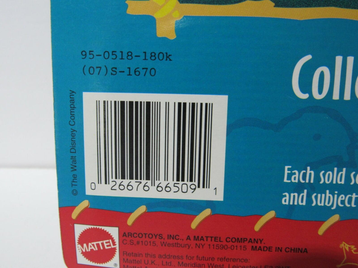 Close-up of the barcode on the back of VTG 90s Mattel Disney Pocahontas Action Figure packaging, showcasing product details and manufacturer information.