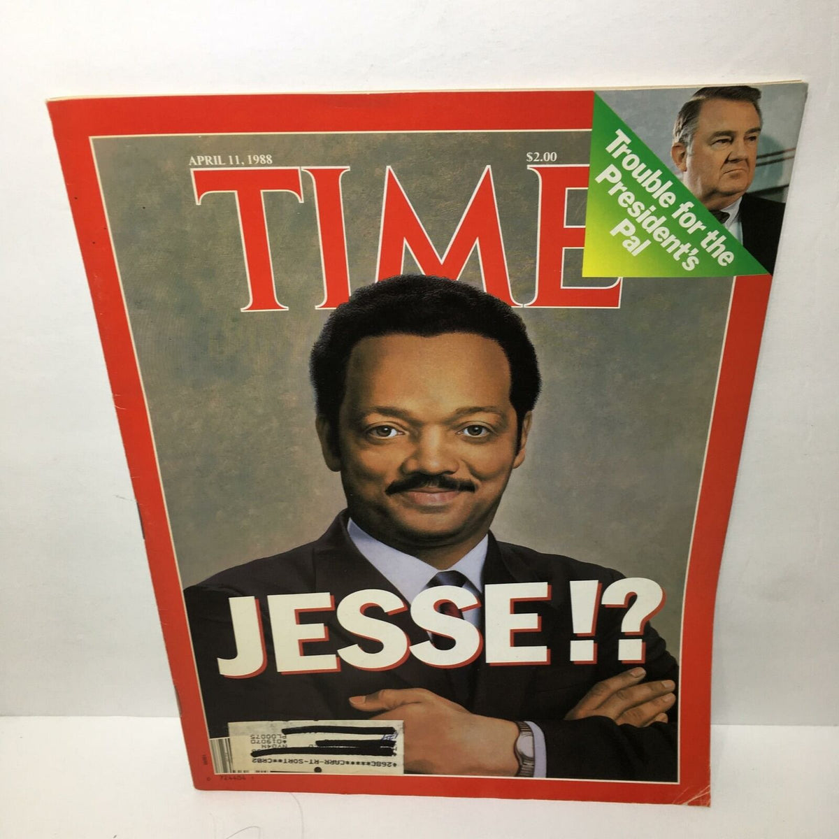 Cover of Time Magazine from April 11, 1988, featuring Jesse Jackson, highlighting his presidential campaign with the title 'JESSE!?' and a side note about political troubles.