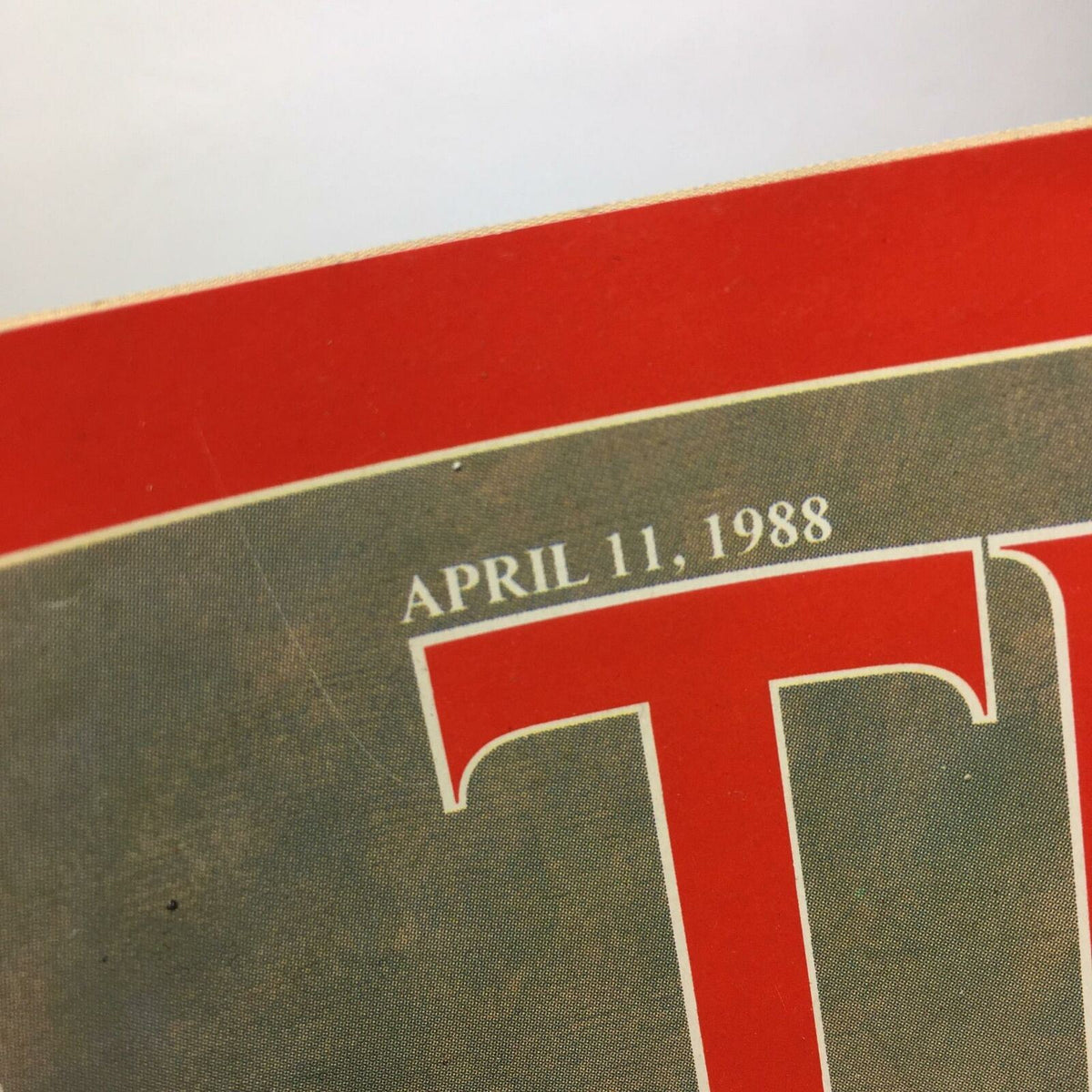 Close-up of the publication date on the Time Magazine cover: April 11, 1988, showcasing its vintage appeal.