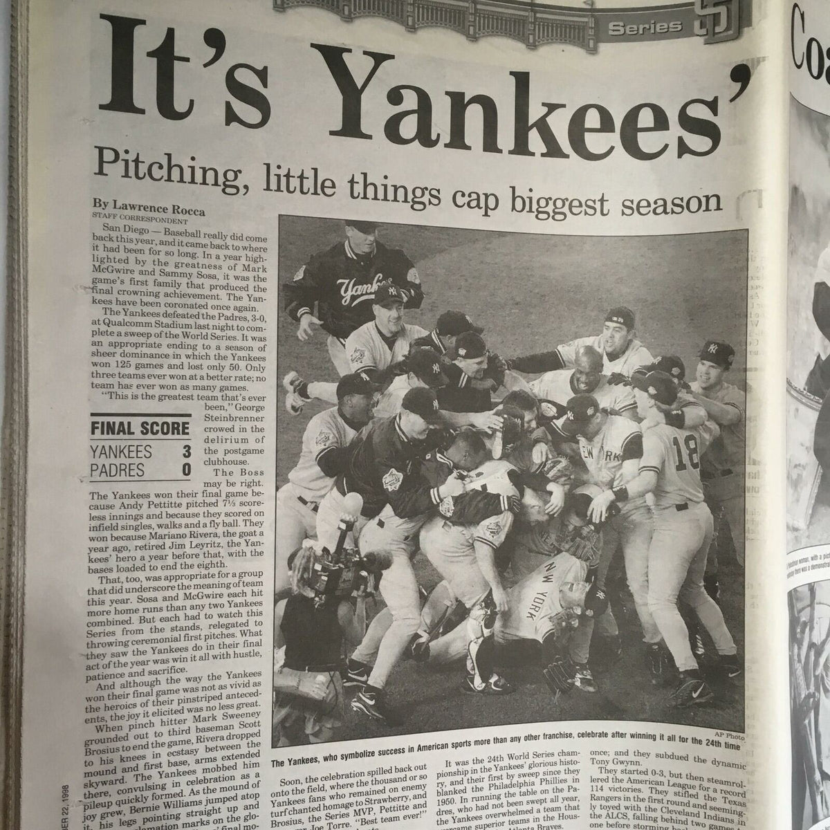 Article titled 'It's Yankees' discussing the pitching and key moments of the Yankees' significant season.
