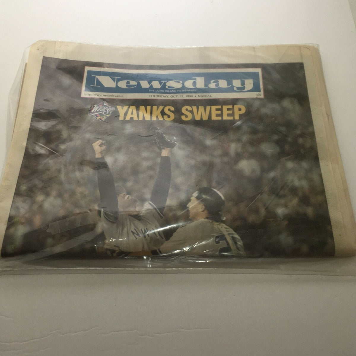 Newsday newspaper from October 22, 1998, with the headline 'Yanks Sweep' and a celebratory image on the front.