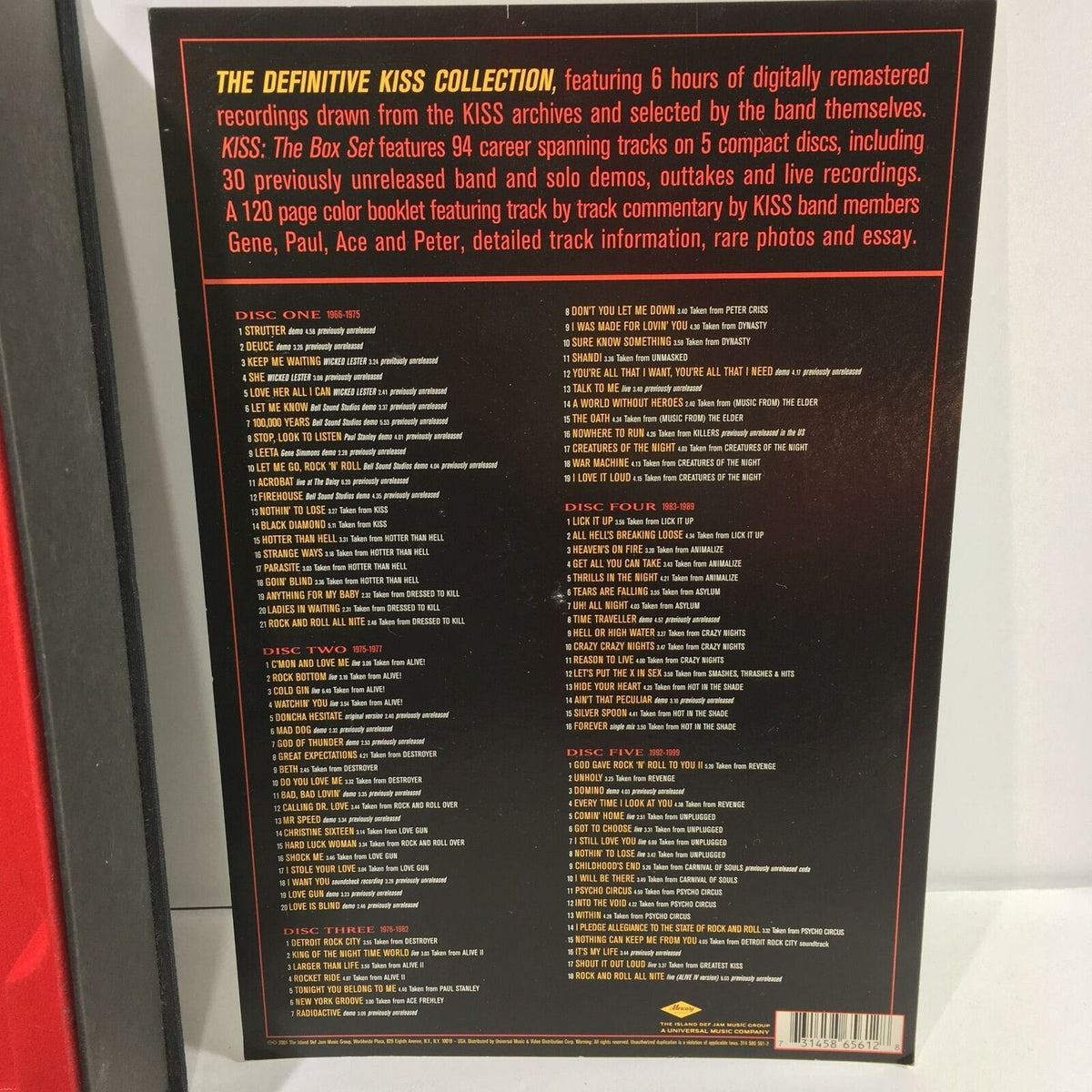Back cover of the Definitive Kiss Collection 5 Disc Box Set with tracklist including 94 career spanning tracks and special features.