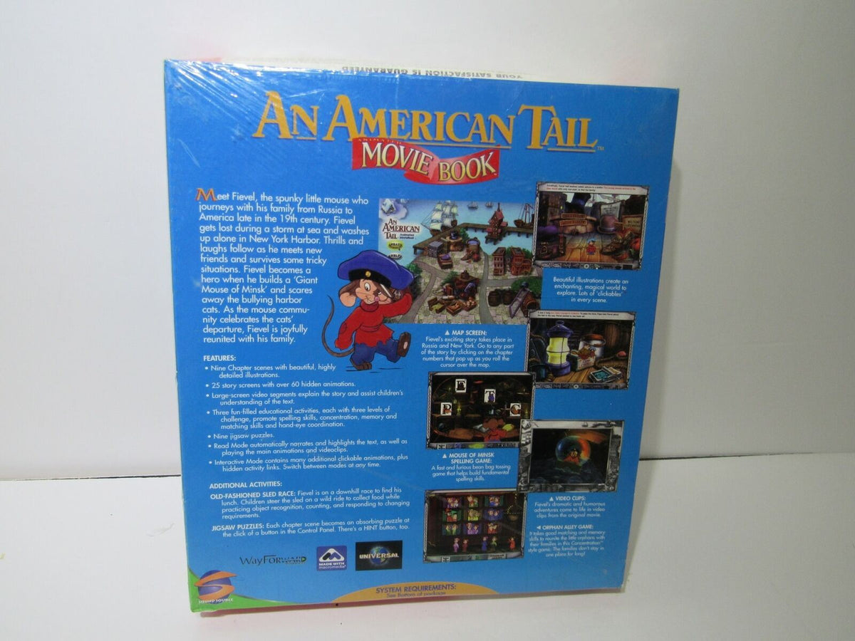 Back cover of 'An American Tail Animated Movie Book', detailing the story and features, along with illustrations from the book.