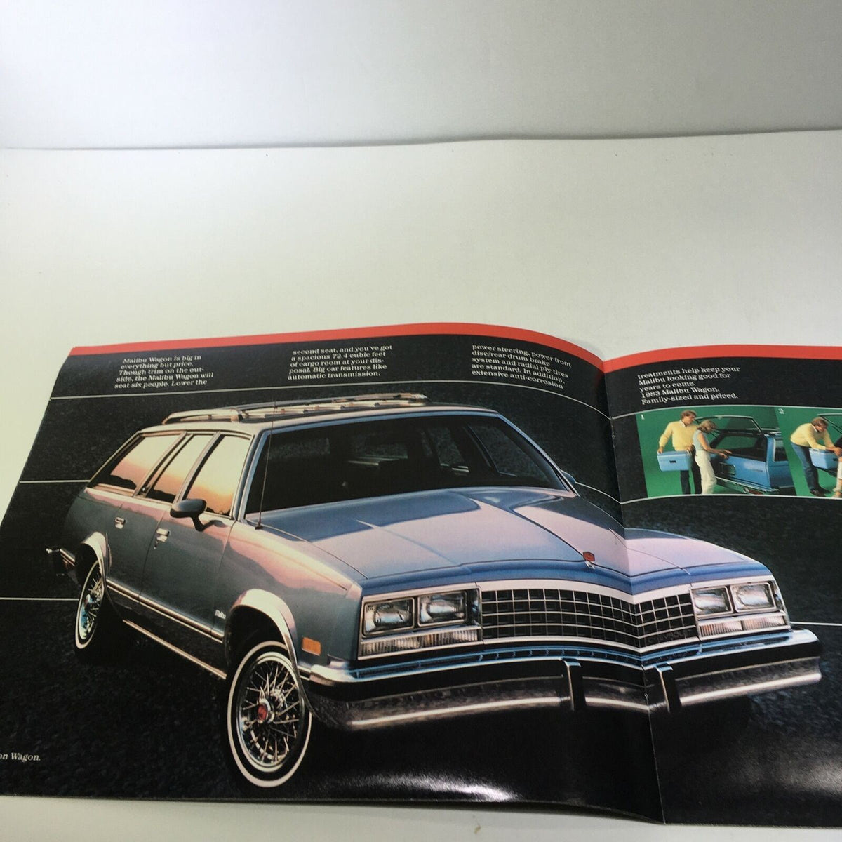 Inside view of the 1983 Chevrolet Malibu brochure featuring a side profile of the station wagon model, demonstrating its sleek appearance and design elements.