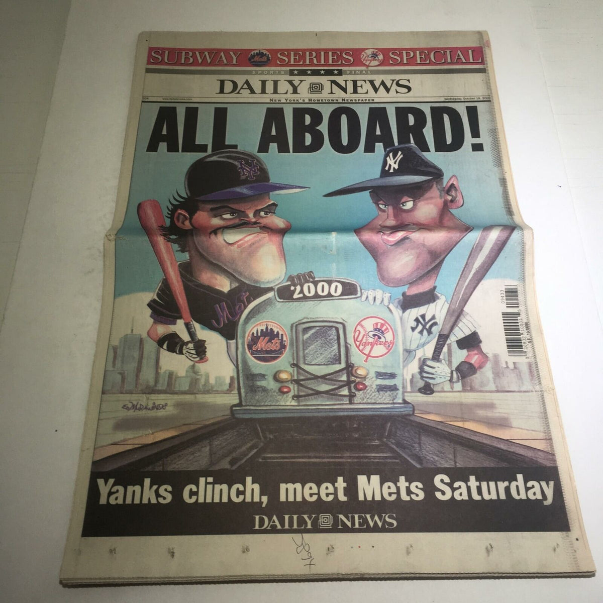 NY Daily News: Oct 18 2000 All Aboard! featuring a cartoon illustration of two baseball players representing the Mets and Yankees, celebrating the Subway Series, with the headline 'ALL ABOARD!' prominently displayed.