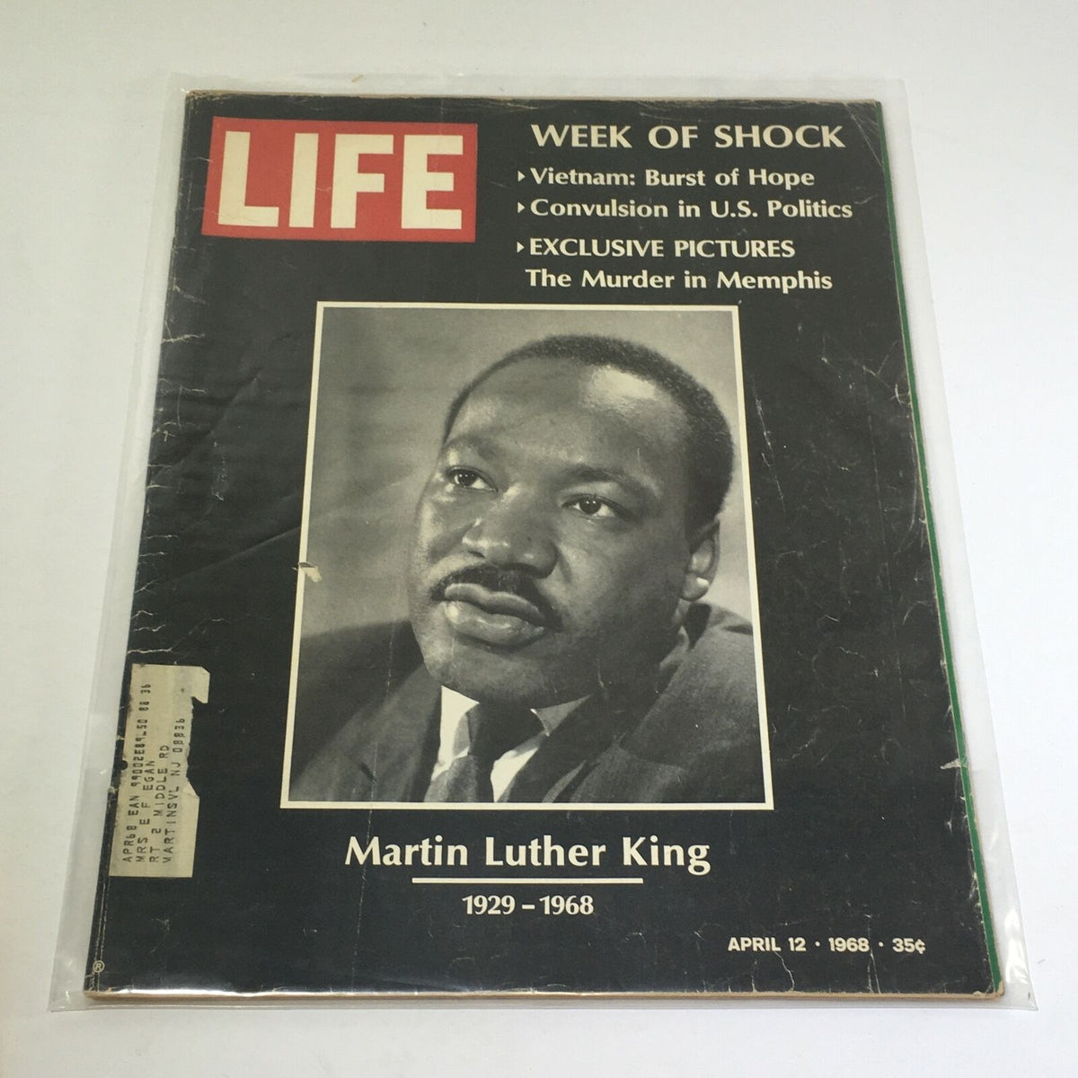 Cover of Life Magazine from April 12, 1968, titled 'Week of Shock: Martin Luther King 1929-1968,' featuring a portrait of Martin Luther King Jr. The magazine highlights significant events surrounding his assassination.