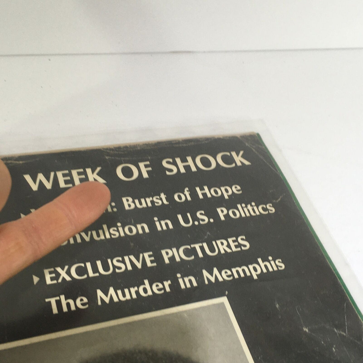 Close-up of the vintage Life Magazine cover text detailing 'Week of Shock' and articles within, from April 12, 1968, focused on Martin Luther King Jr.