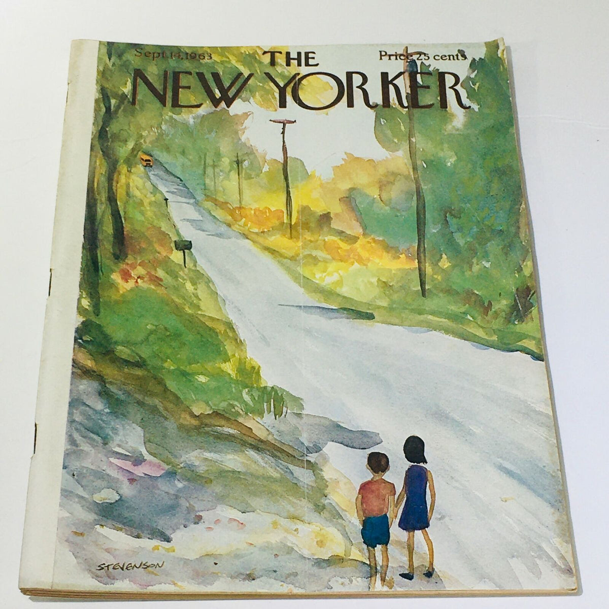 Cover of The New Yorker magazine from September 14, 1963, featuring a watercolor illustration by James Stevenson depicting a serene road scene with two children standing hand in hand.