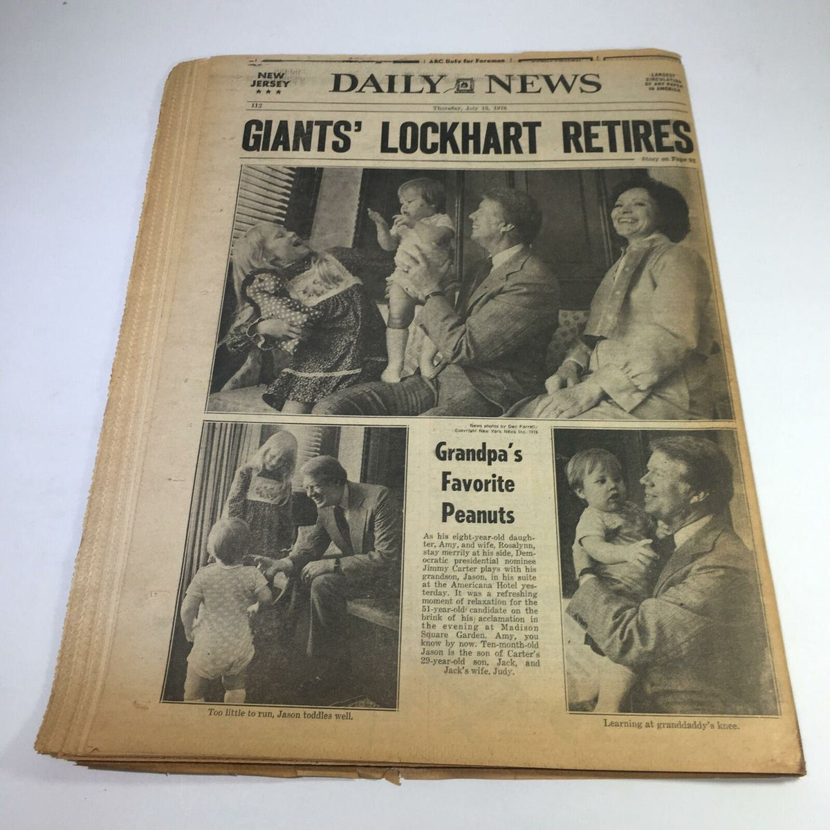 NY Daily News vintage issue from July 15, 1976, displaying the headline 'GIANTS' LOCKHART RETIRES,' featuring images of a family gathering and children, highlighting cultural moments of the era.
