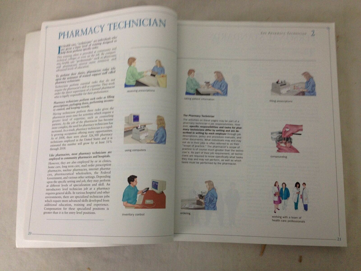 Interior pages from the World Progress Quarterly Magazine Autumn 1969, focusing on the role of pharmacy technicians, illustrated with various tasks including interacting with patients and using computers. This magazine is part of the Stop All Pollution Edition.