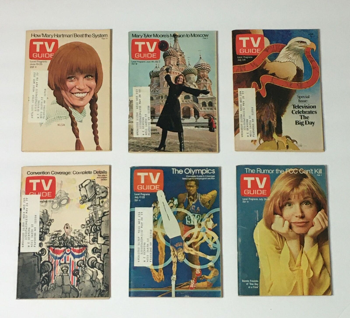 Complete Year Of TV Guide Magazines 1976, 52 Issues: Special Issue Fall Preview displaying July 1976 TV Guide covers discussing Mary Tyler Moore, the Olympics, and rumors in television.
