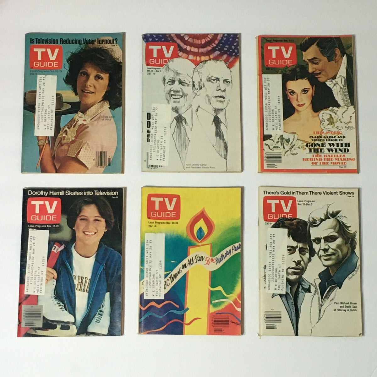 Complete Year Of TV Guide Magazines 1976 - Features six magazine covers showcasing iconic articles and stars, in good condition with some wear, from a collection of 52 issues, including the Special Issue Fall Preview.