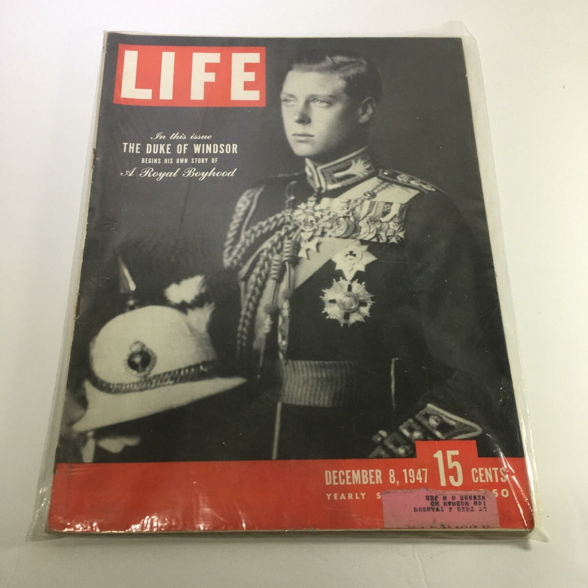 Life Magazine cover dated December 8, 1947, featuring The Duke of Windsor, King Edward VIII, in full military regalia. A historical collectible showcasing a significant era in British and American culture.