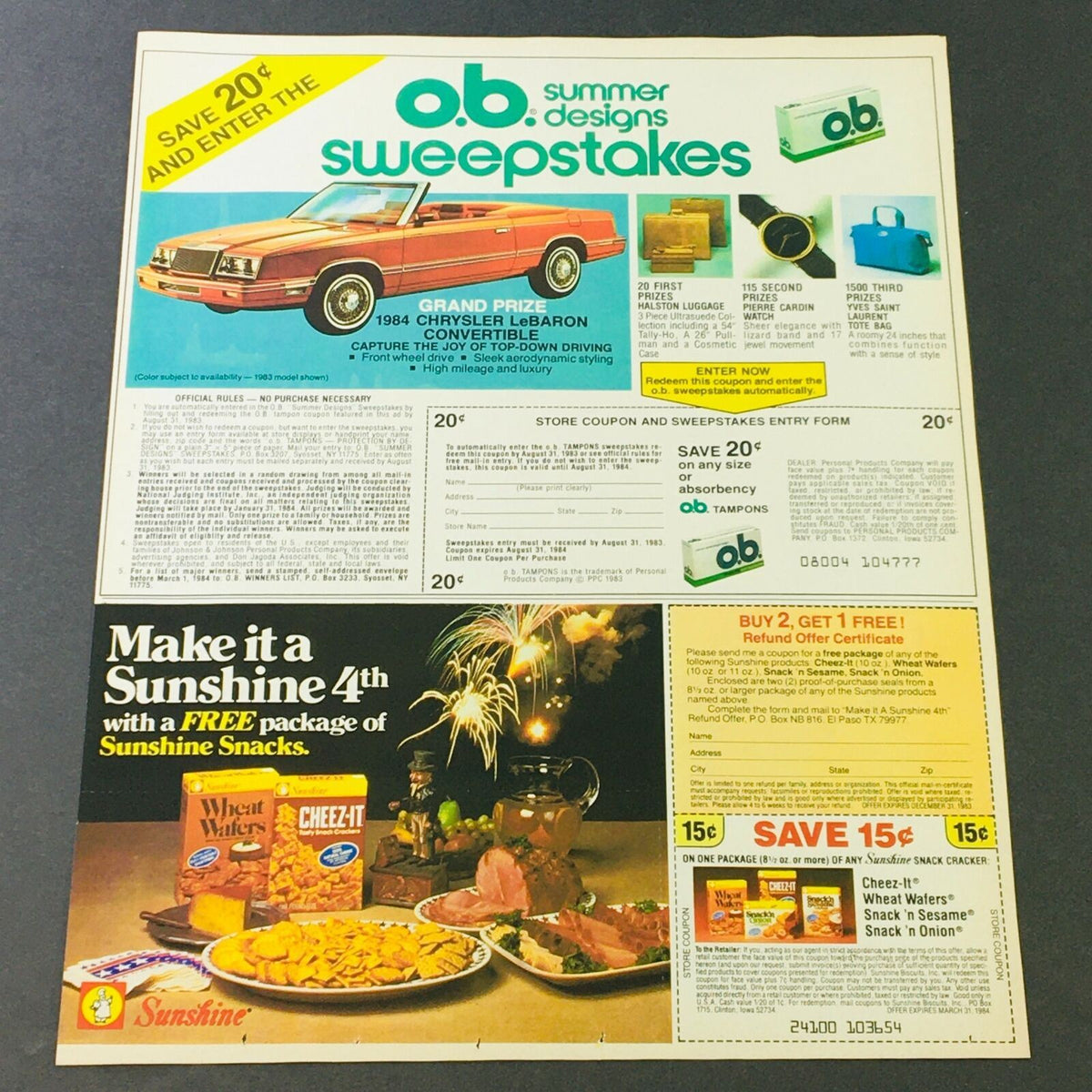 VTG Retro 1983 Wisk Laundry Detergent & O.B. Summer Design Sweepstakes Ad Coupon featuring an advertisement with a red convertible car and details about the O.B. summer design sweepstakes, encouraging entry and savings.