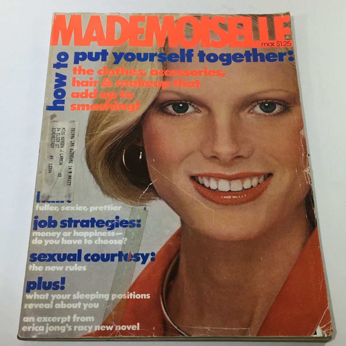 VTG Mademoiselle Magazine: March 1977 cover featuring a close-up of model Lisa Copper with vibrant text highlighting fashion tips and articles. Ideal for collectors and vintage magazine enthusiasts.