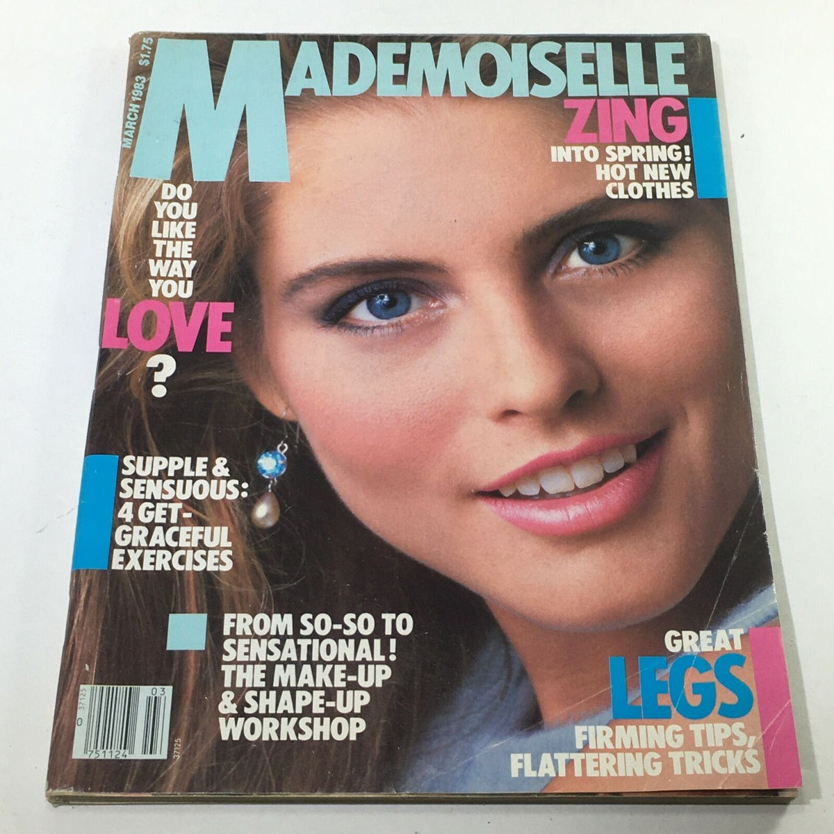 Vintage Mademoiselle Magazine cover from March 1983 featuring a close-up of Kim Alexis, showcasing fashion and beauty trends from the early 80s.