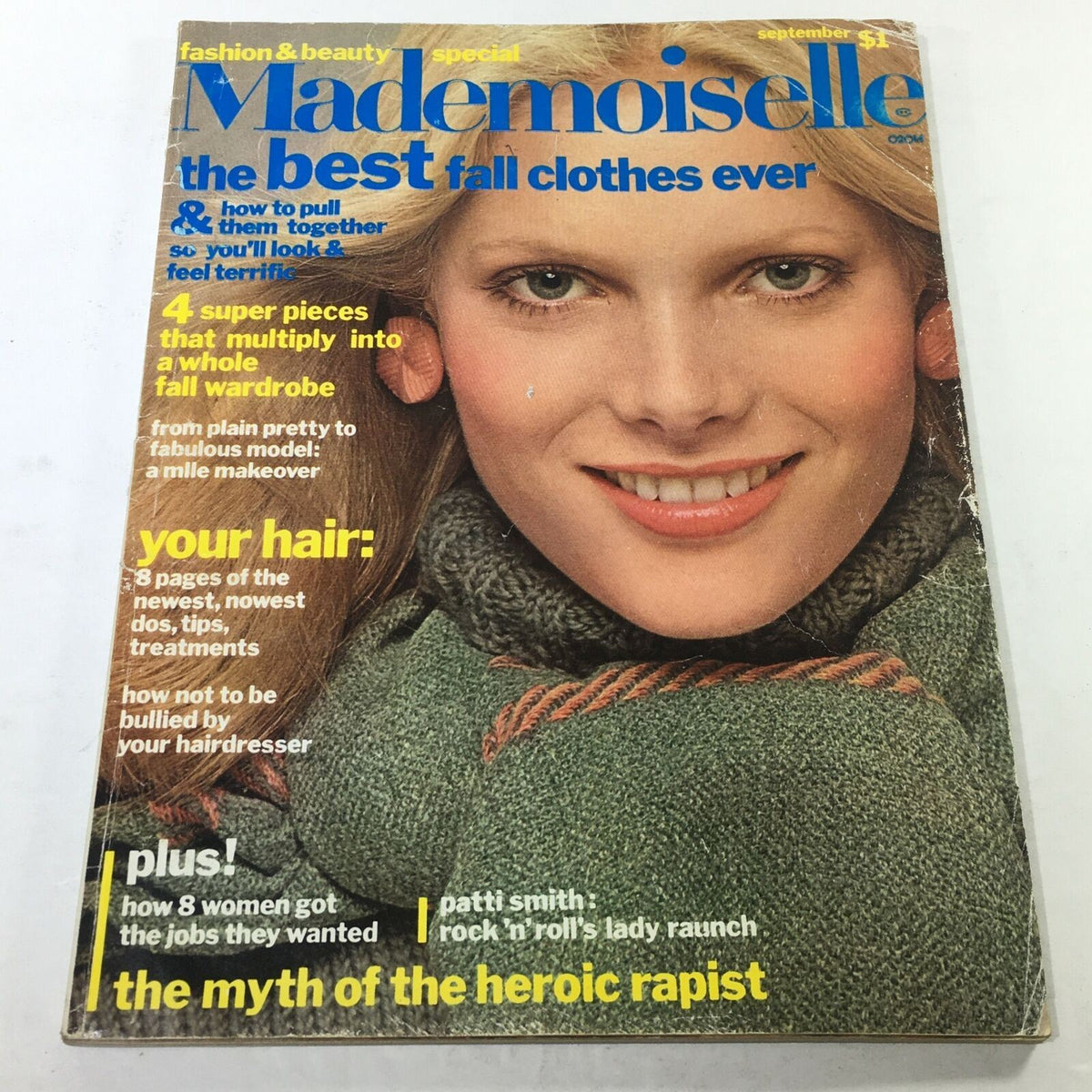 Vintage Mademoiselle Magazine cover from September 1975 featuring a smiling woman with long blonde hair. The magazine highlights articles about fall fashion, beauty tips, and culture, showcasing the essence of the 1970s era.