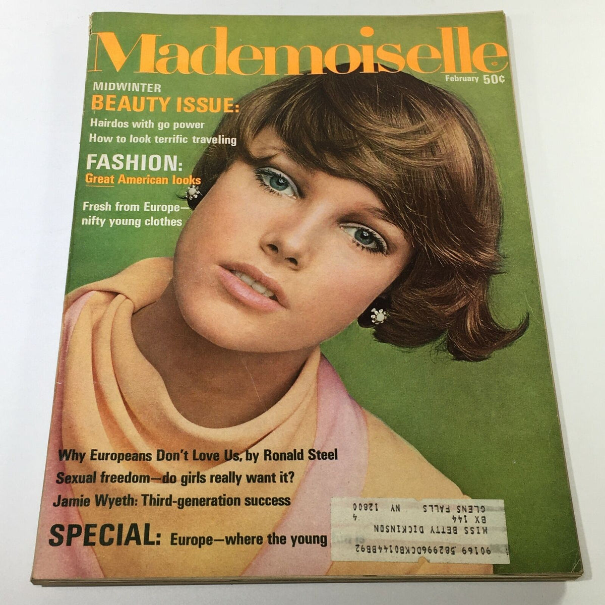 VTG Mademoiselle Magazine: February 1968 cover featuring a young woman with stylish hair and makeup, showcasing beauty and fashion themes.