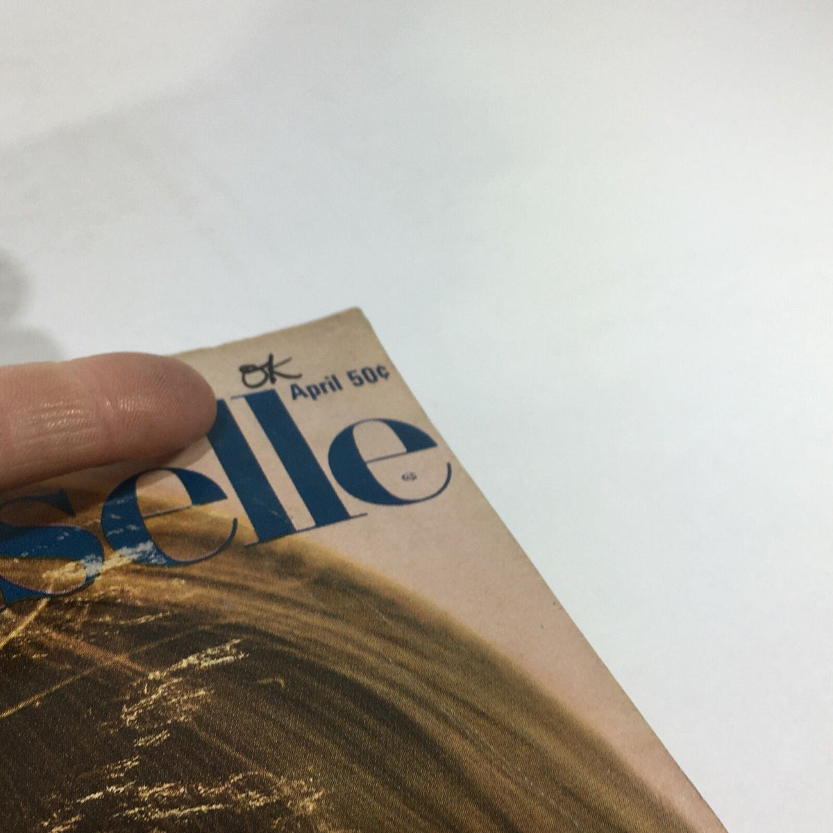 Close-up view of the top corner of the VTG Mademoiselle Magazine: April 1967 College Beauty Fashion Issue showing the publication's date and price.