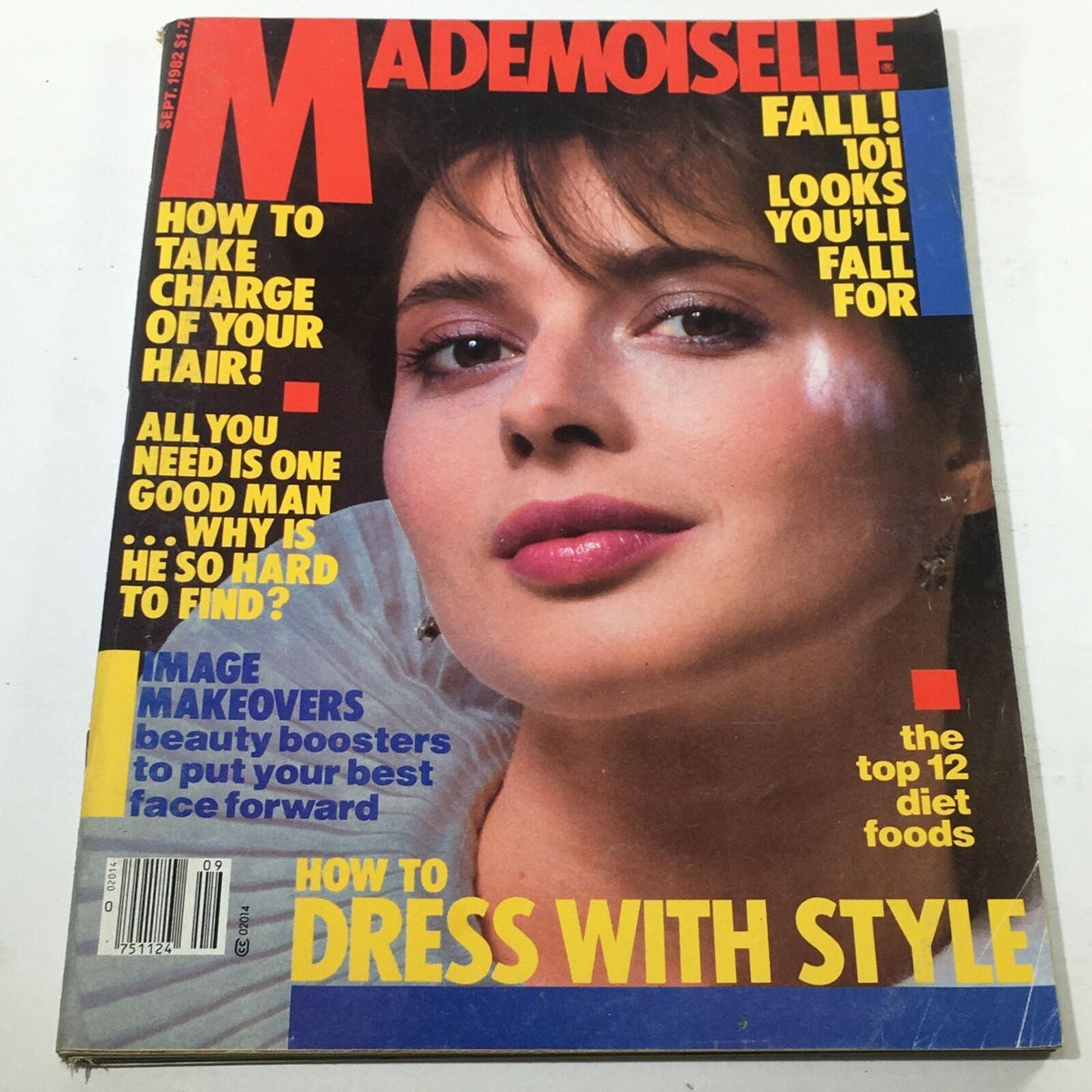Cover of VTG Mademoiselle Magazine: September 1982, featuring a close-up of a woman's face with stylish hair and makeup, highlighting articles on beauty, fashion, and lifestyle of the early 1980s.