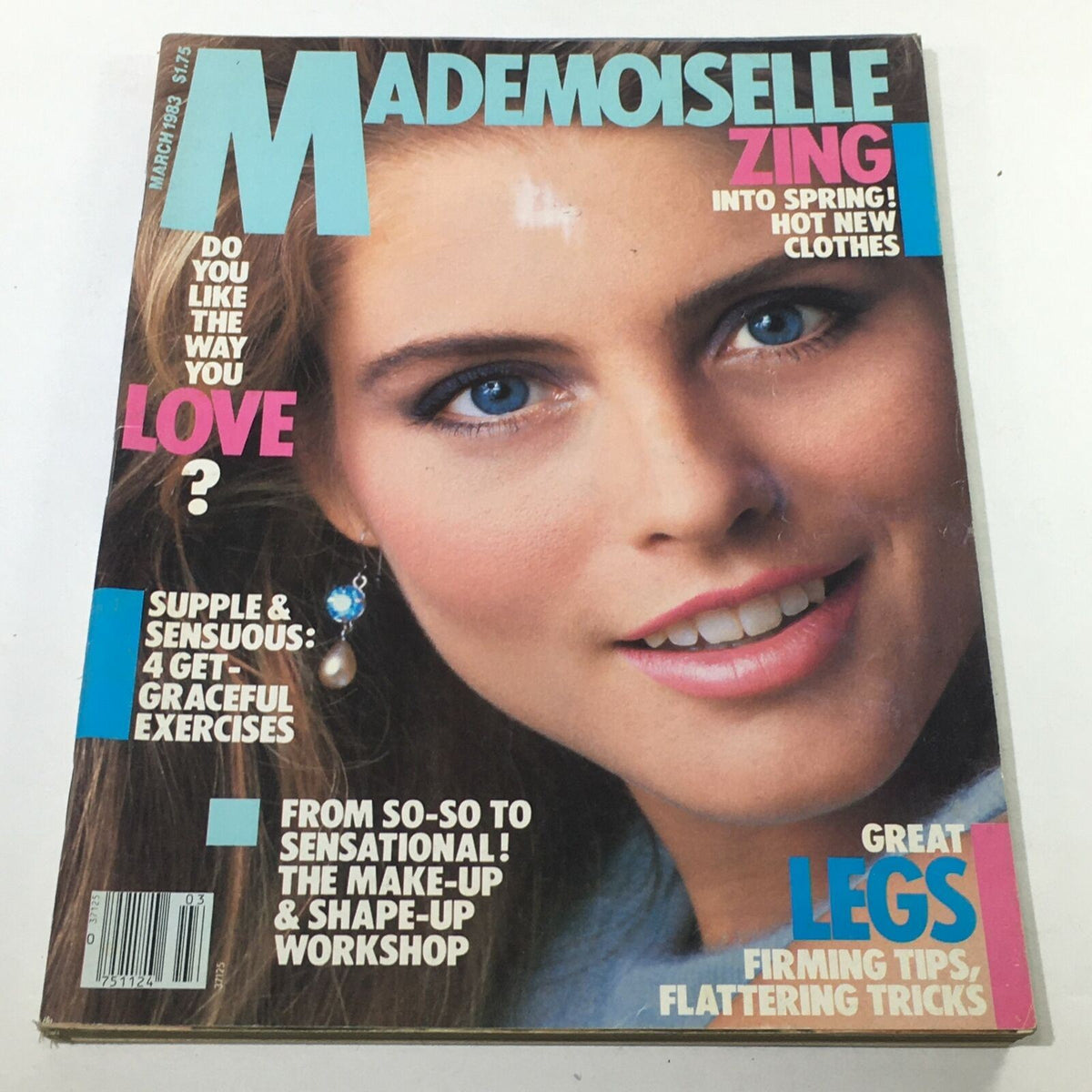 Vintage Mademoiselle Magazine March 1983 featuring Kim Alexis on the cover, showcasing her blue eyes and warm smile alongside fashion headlines.