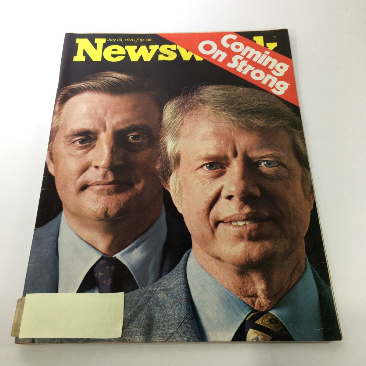 Newsweek Magazine cover from July 26, 1976, featuring Jimmy Carter and Walter Mondale with the headline 'Coming On Strong'. This vintage publication highlights a pivotal moment in American politics.