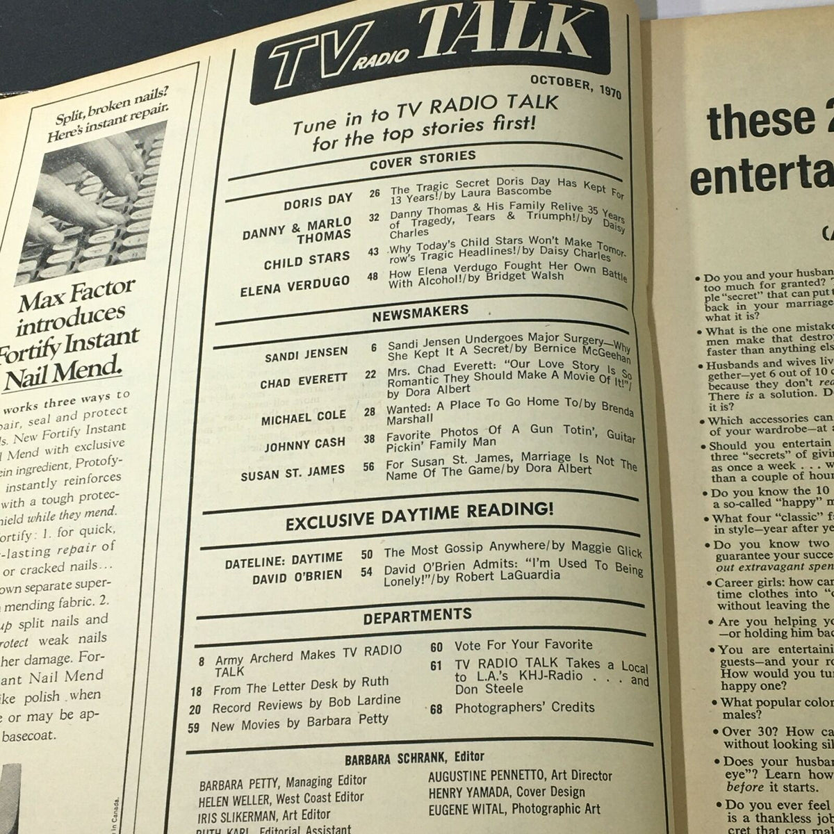 Inside view of VTG TV Radio Talk Magazine from October 1970 showcasing cover stories featuring Doris Day, Danny Thomas, and more. A glimpse into the entertainment landscape of the '70s.