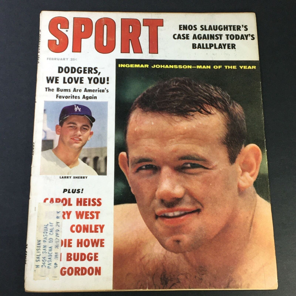 VTG Sport Magazine February 1960 cover featuring Ingemar Johansson and Larry Sherry, highlighting iconic athletes and sports history.