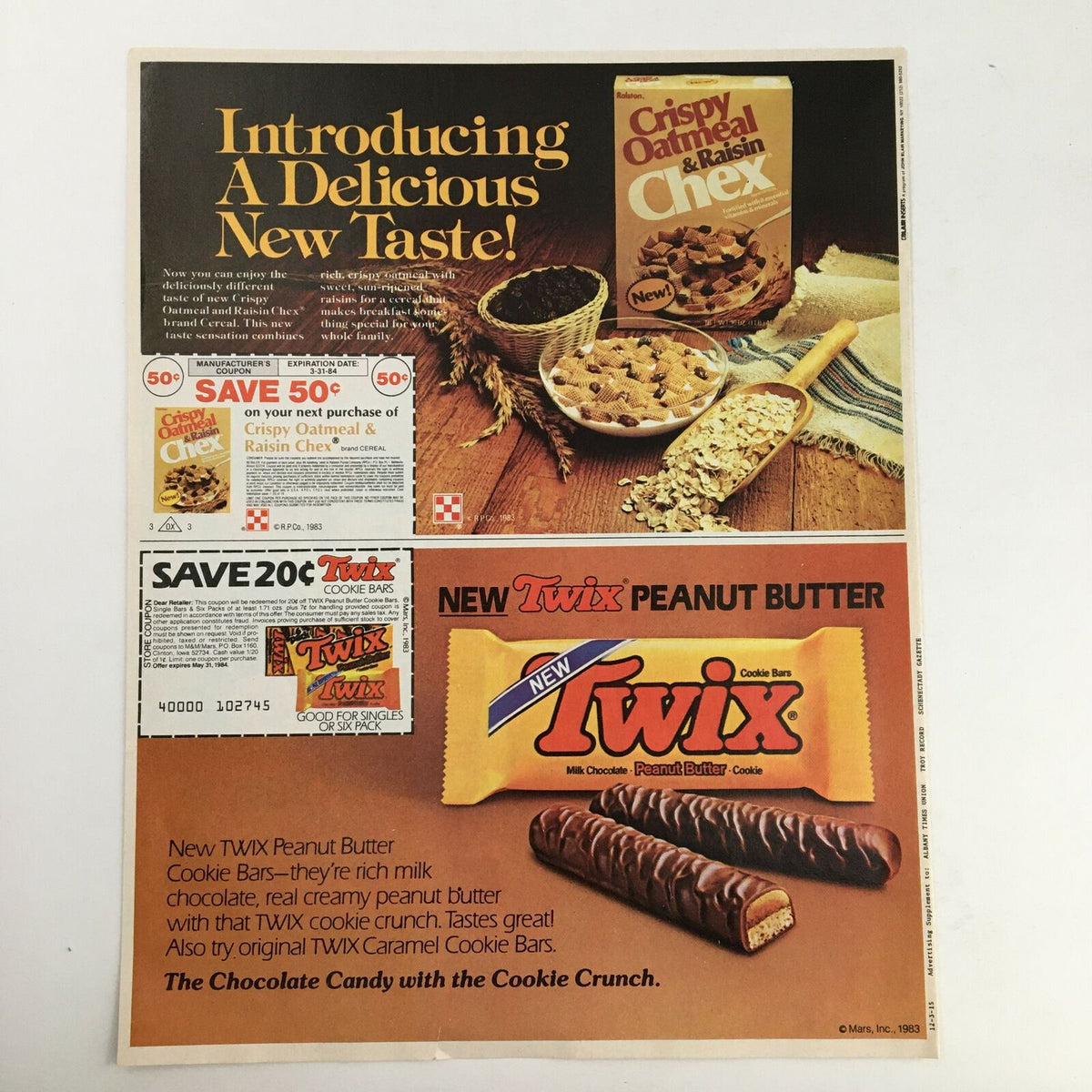 1984 Orville Redenbacher's Gourmet Popcorn Circular Coupon Advertisement showcasing a new Twix Peanut Butter candy bar promotion alongside a savings coupon for Crispy Oatmeal and Raisin Chex.