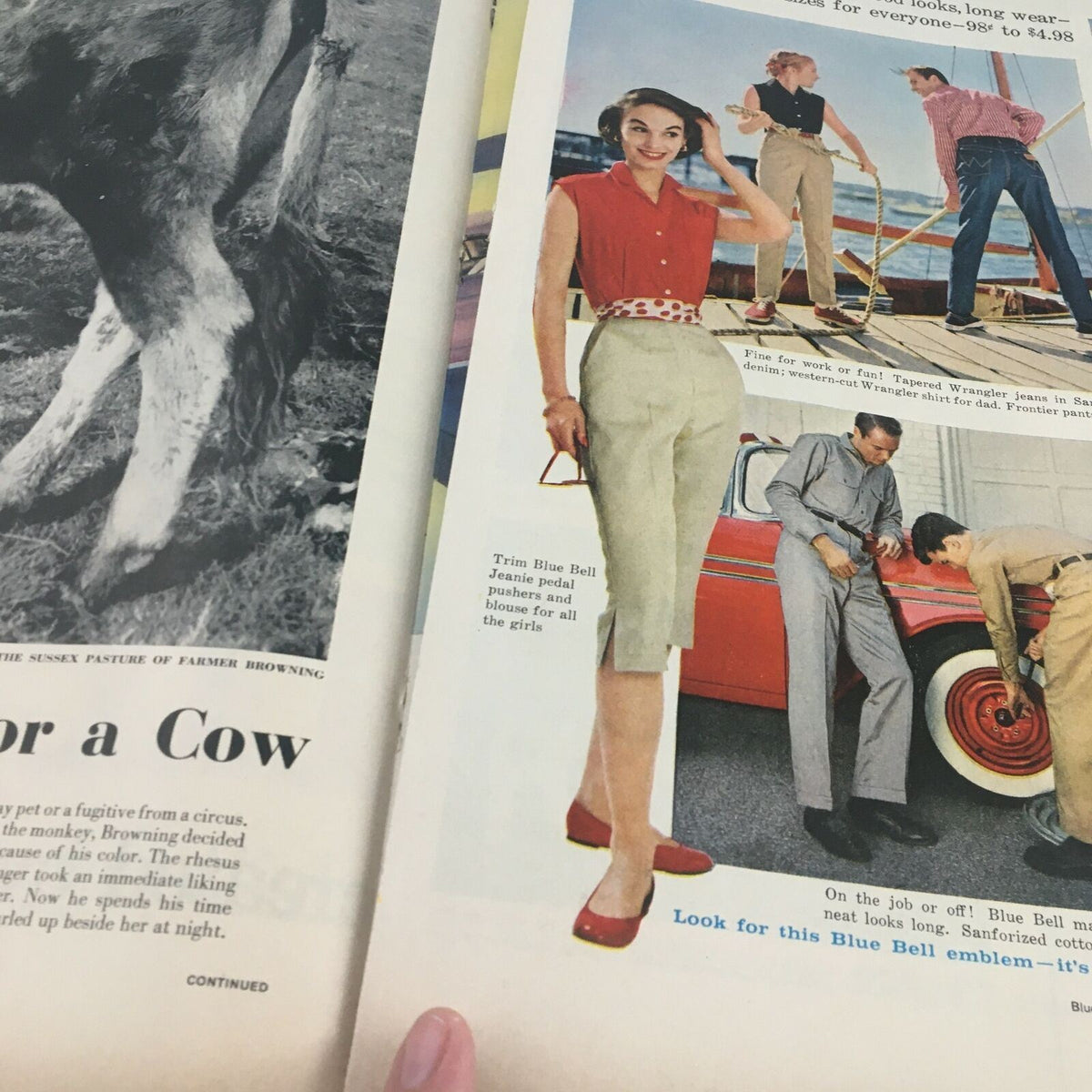 Vintage Life Magazine May 13 1957 image showing advertisements for fashion, including women’s pedal pushers and men’s casual wear, reflecting mid-century clothing styles.