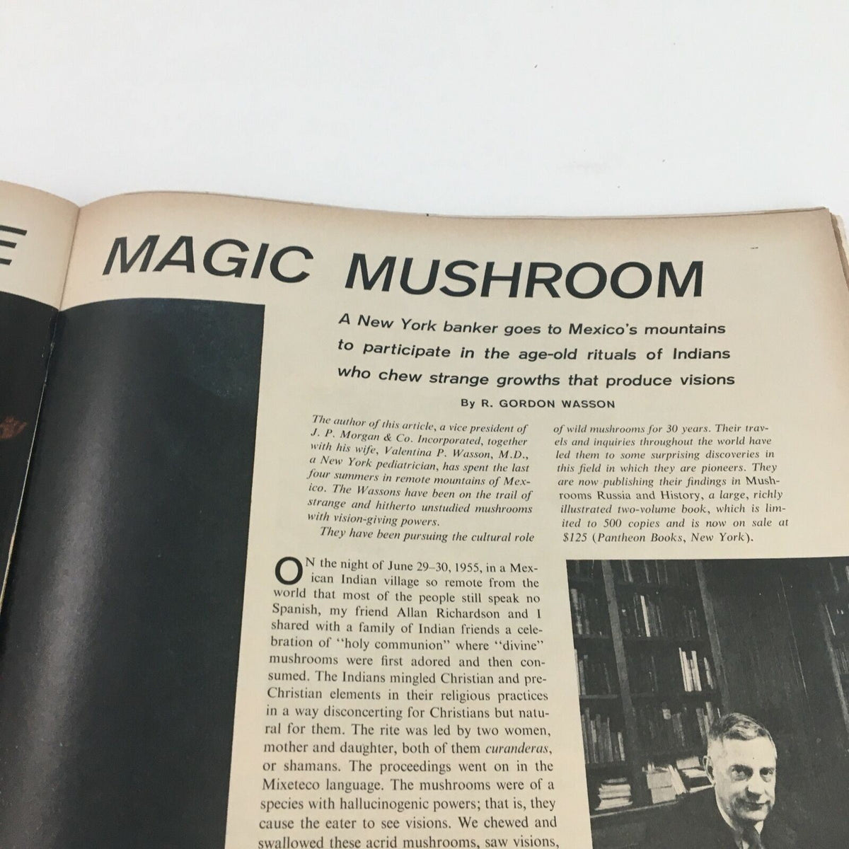 Page from the VTG Life Magazine May 13 1957 discussing 'Magic Mushrooms', covering cultural aspects of mushroom use and its historical significance.