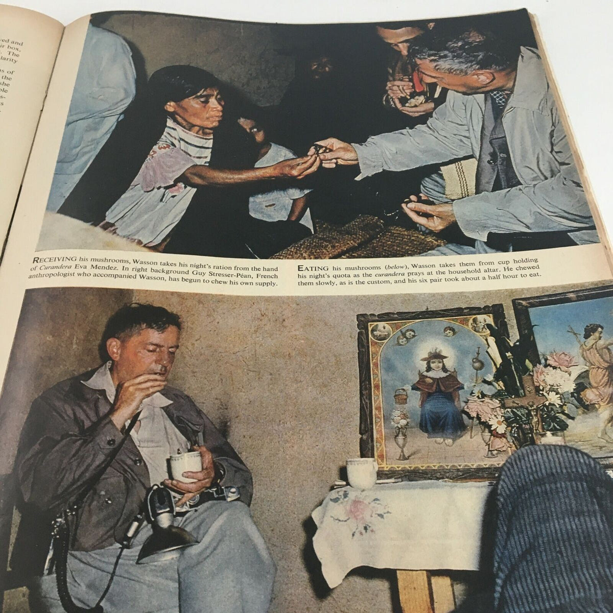 Illustrative scene from the VTG Life Magazine May 13 1957, featuring individuals engaging in mushroom rituals, emphasizing the exploration of cultural traditions.