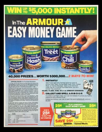 Armour Easy Money Game advertisement promoting prizes of up to $5,000, illustrated with various canned products, reflecting the promotional marketing style of the 1980s.