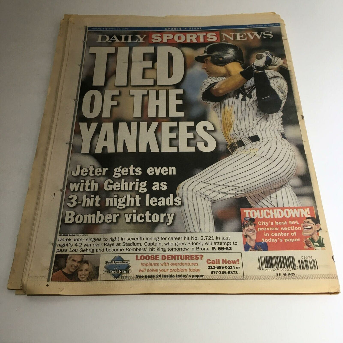 NY Daily News front page from September 10, 2009, featuring the headline 'TIED TO THE YANKEES' with an image of Derek Jeter, referencing his milestone of tying Gehrig's record.