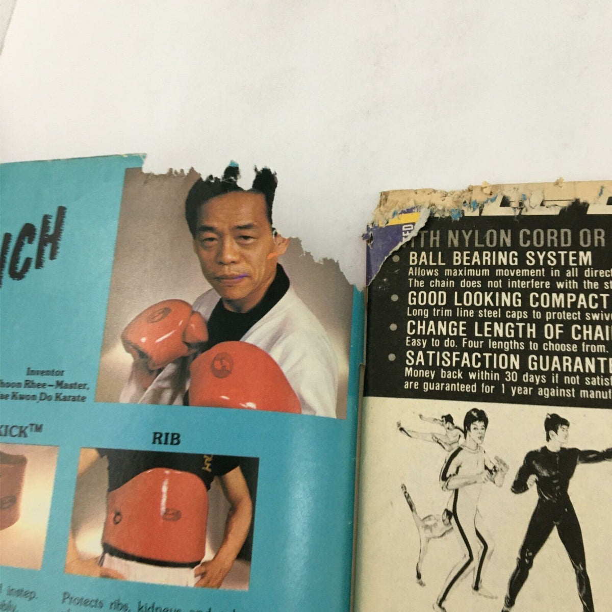 An inside page of Karate Illustrated Magazine December 1979 featuring a martial artist with protective gear, illustrating product advertisements related to karate.