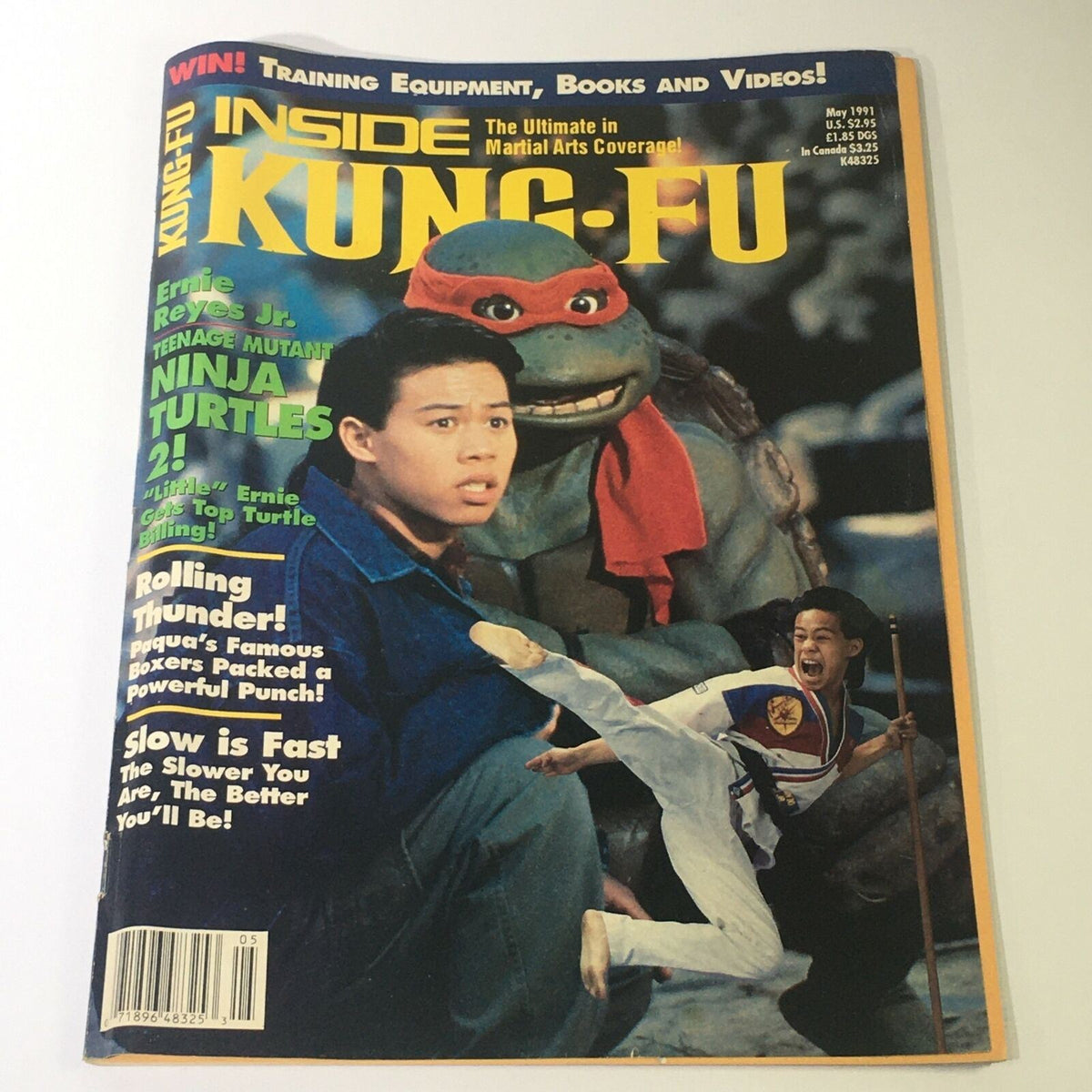 Cover of Inside Kung Fu Magazine May 1991 featuring Ernie Reyes Jr. alongside a Teenage Mutant Ninja Turtle, showcasing martial arts and pop culture from the early '90s.