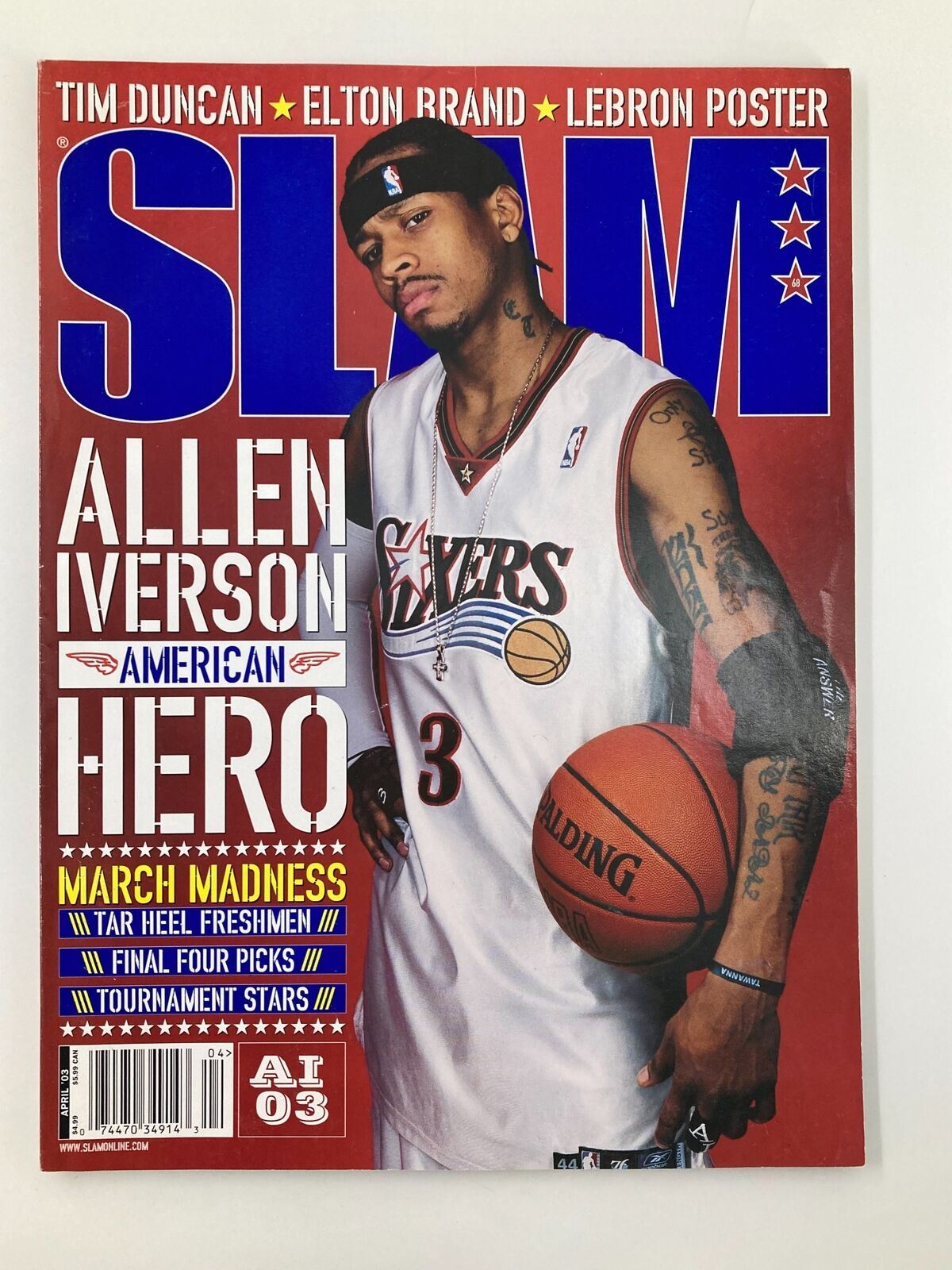 Cover of Slam Magazine April 2003 featuring NBA player Allen Iverson in a Philadelphia 76ers jersey, holding a basketball and posing for the camera.