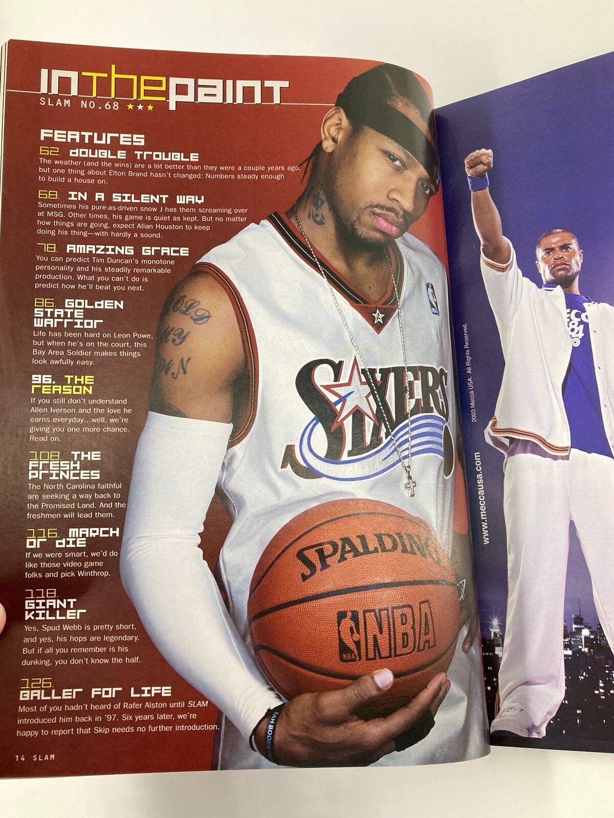 Inside page of Slam Magazine April 2003 highlighting Allen Iverson with articles about his performance, showcasing his dedication and skill as a superstar in the NBA.