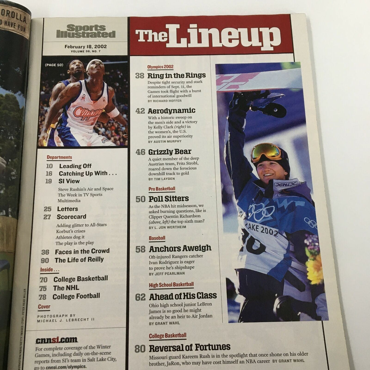 Inside page of Sports Illustrated Magazine February 18, 2002, showcasing the lineup of topics including Olympic sports and basketball, with a focus on LeBron James.