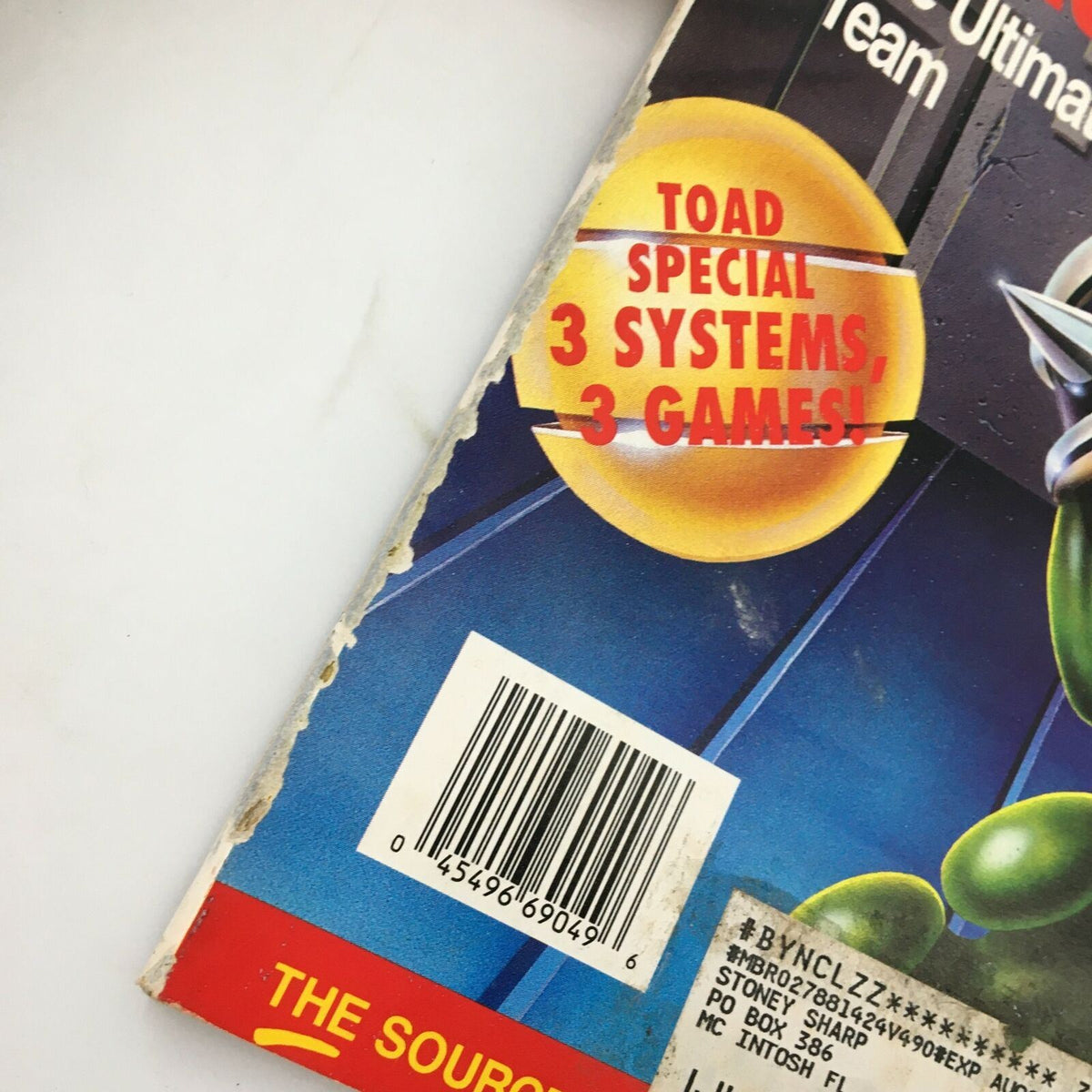 Close-up of the back cover of Nintendo Power Magazine June 1993 #49 featuring a Toad special advertisement for three gaming systems and games.