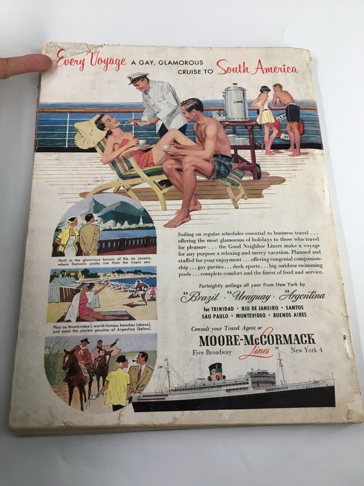 Harper's Bazaar Magazine February 1953 displaying the cover of a vintage brochure advertising glamorous cruises to South America, capturing the essence of leisure and elegance.