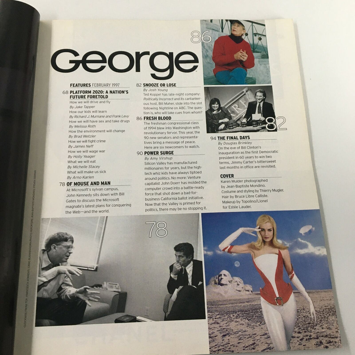 Inside page of George Magazine February 1997 containing the table of contents, featuring articles on politics, culture, and a photo of Bill Gates, emphasizing the blend of celebrity and political discourse.