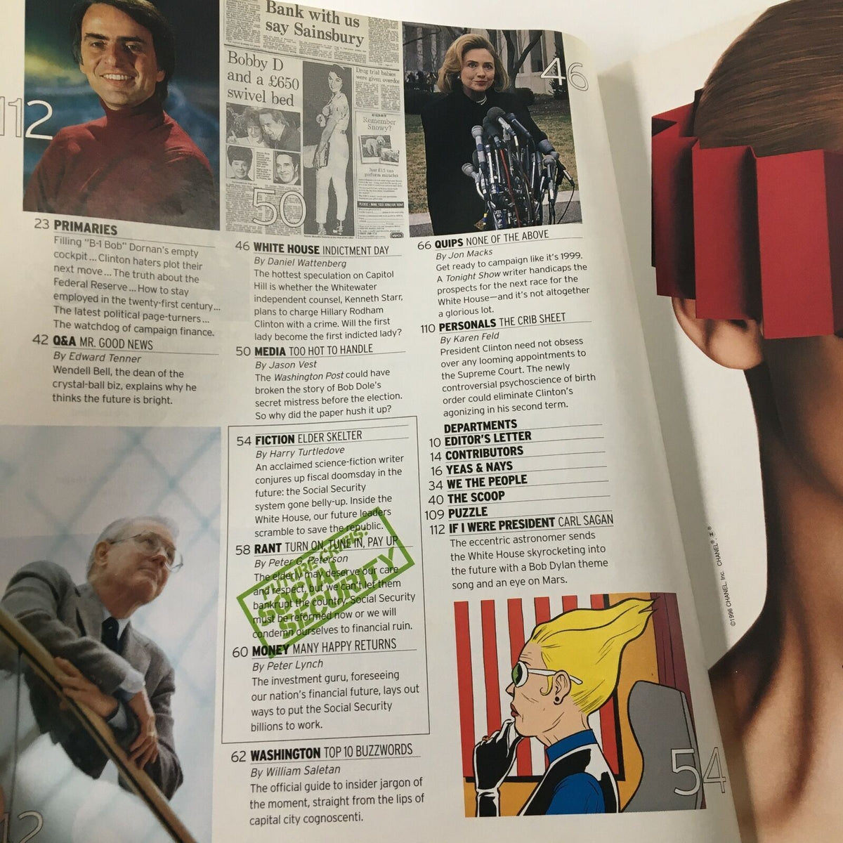 Another inside page of George Magazine February 1997 featuring highlights of various articles, including personal columns, political commentary, and illustrations that reflect the magazine's cultural impact.