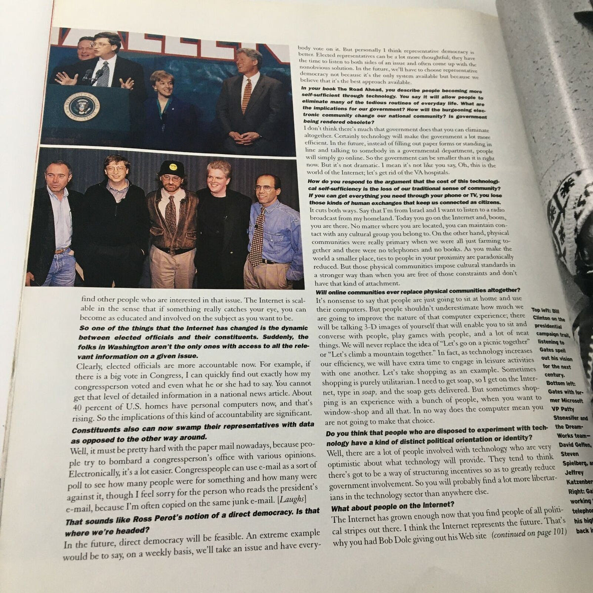 Photographic spread in George Magazine February 1997 showing Bill Gates and influential political figures discussing the role of the Internet in democratic engagement.