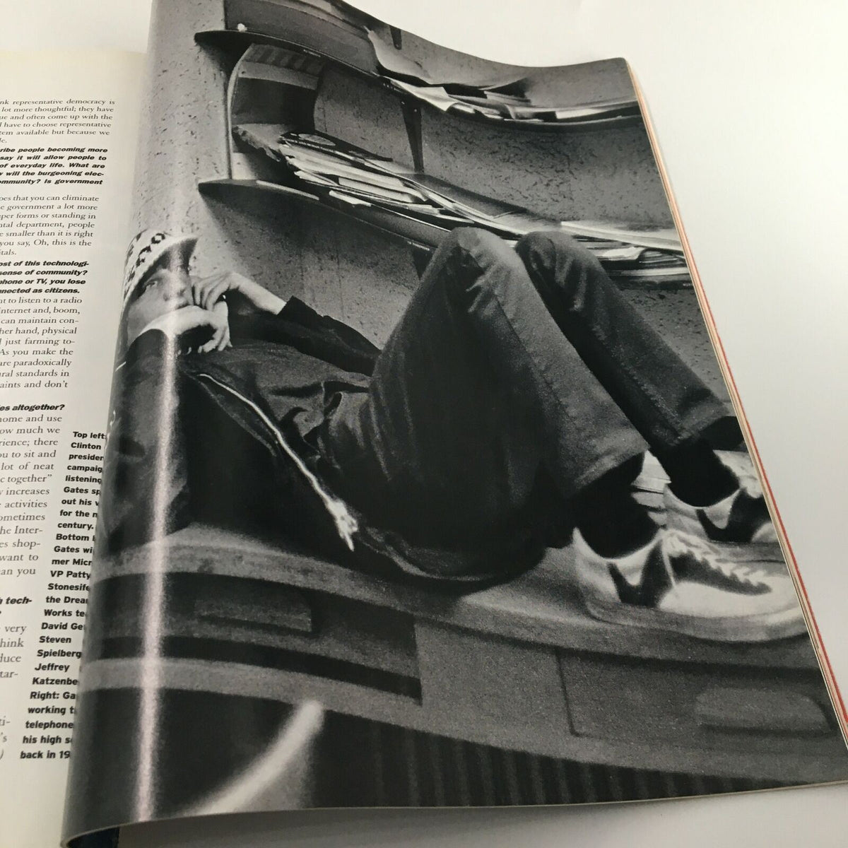 Artistic image from George Magazine February 1997, featuring a contemplative Bill Gates in a candid pose, symbolizing the innovation of the 90s.